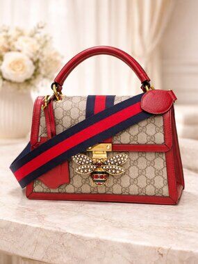 Authentic Gucci Queen Margaret GG Supreme Top Handle Bag Red Leather Luxury